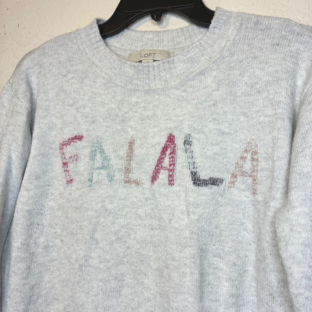 Loft Womens Christmas Sweater Falala Graphic Crew Neck Holiday Light Gray Small